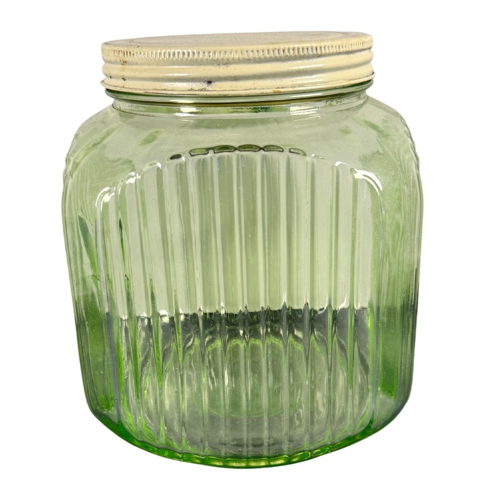 1930s Vtg Anchor Hocking Ribbed Uranium Glass Jar Depression Green Ivory Lid